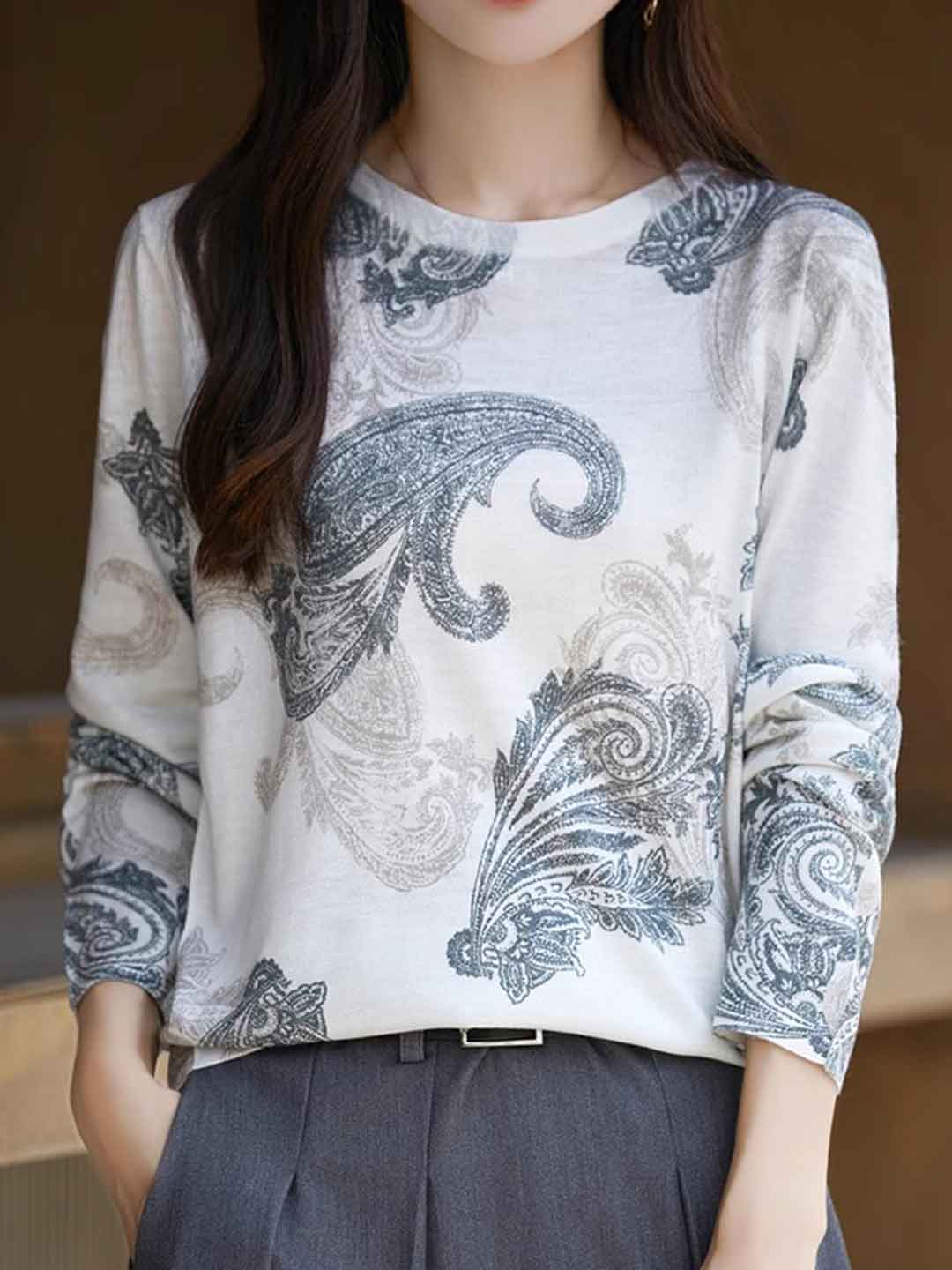 Nevaeh Casual Crew Neck Printed Wool Top-M