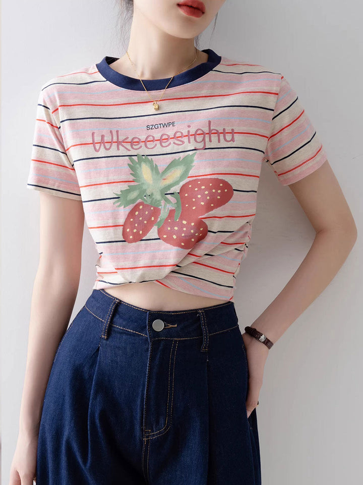 Brianna Cute Crew Neck Striped Printed Top