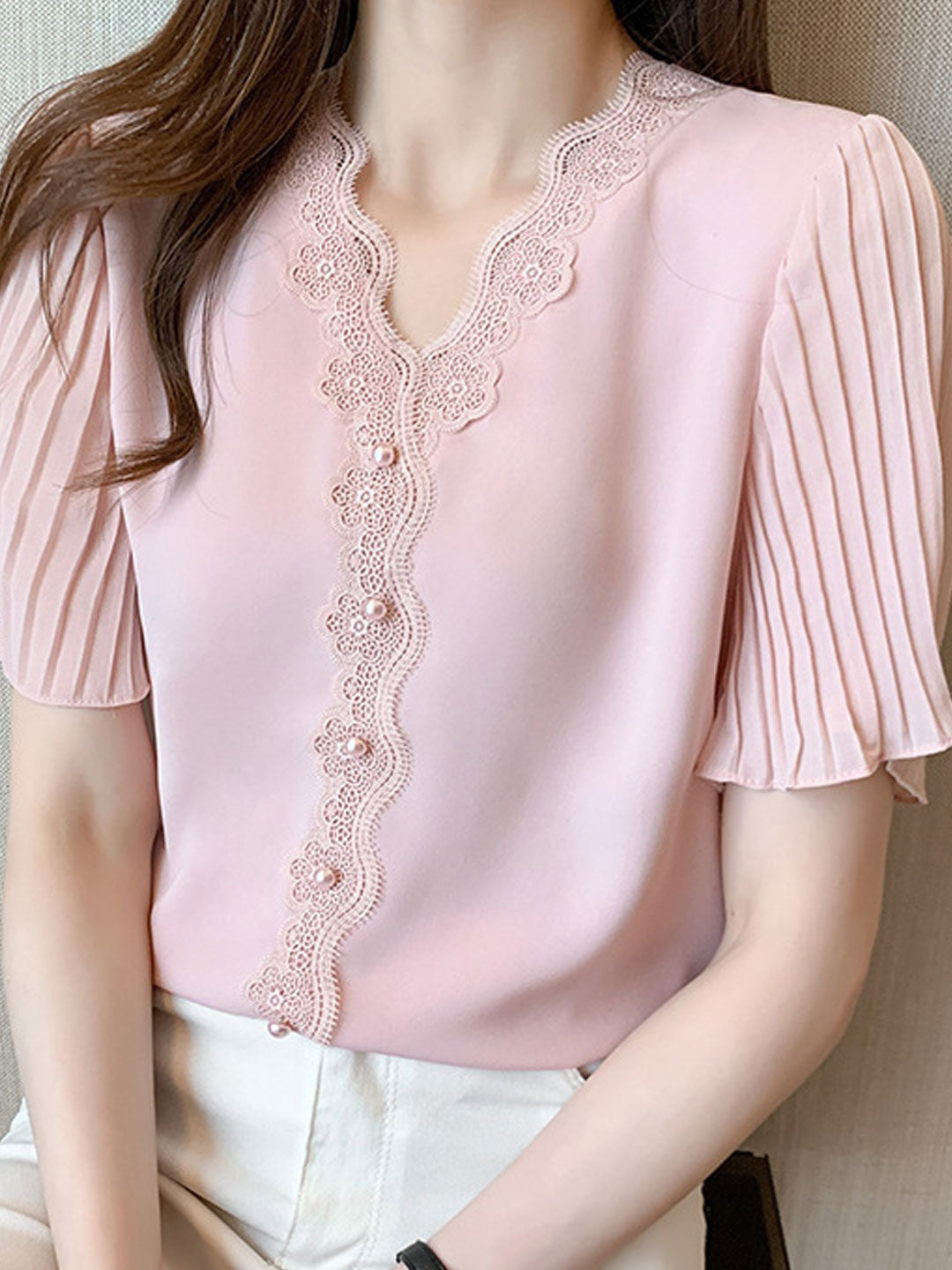 Elizabeth Classic V-Neck Lace Chiffon Top-Pink