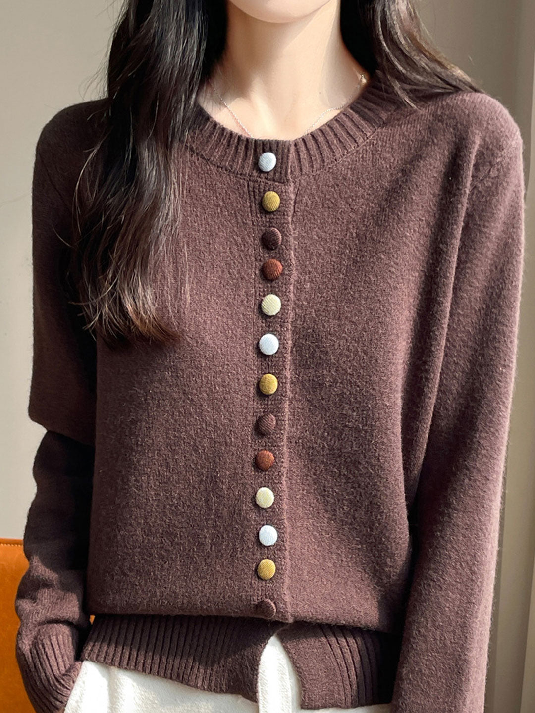 Sophia Classic Crew Neck Colorful Button Knitted Cardigan