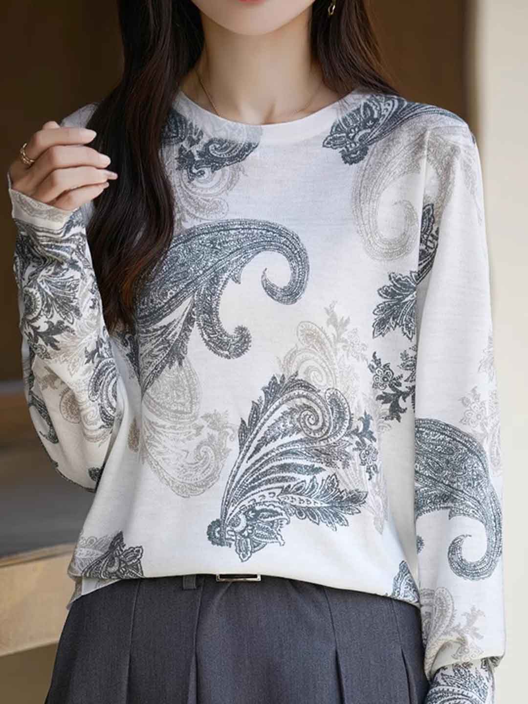 Nevaeh Casual Crew Neck Printed Wool Top-O