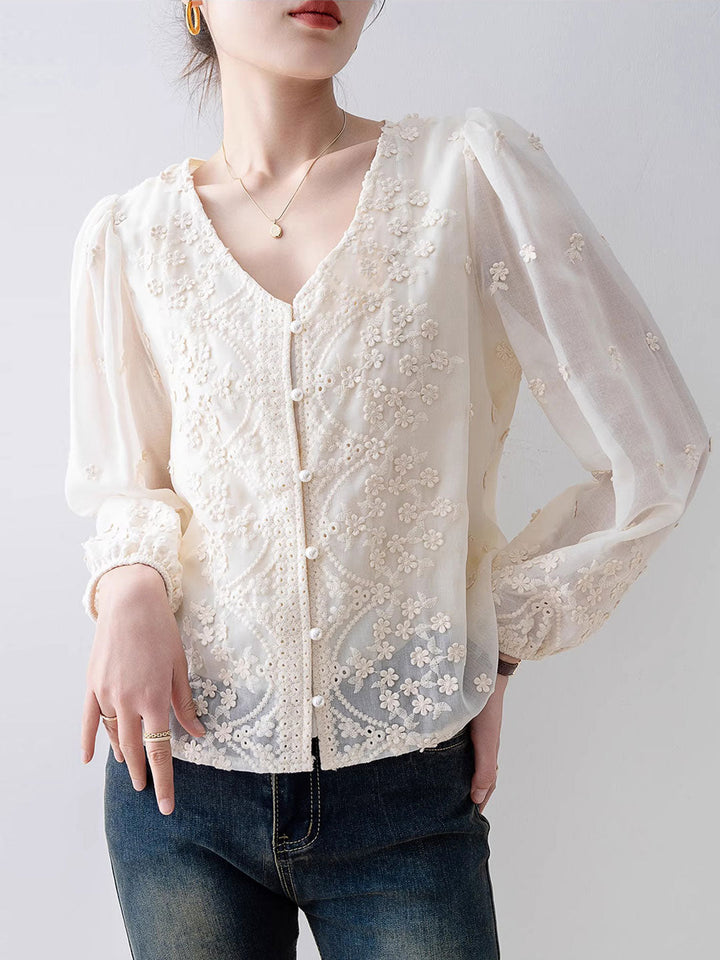 Taylor Retro V-Neck Lace Chiffon Blouse