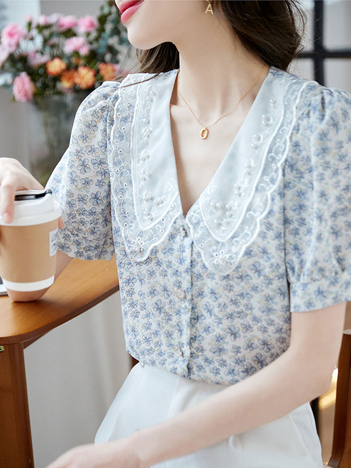 Bella Classic Floral Printed Beaded Chiffon Top