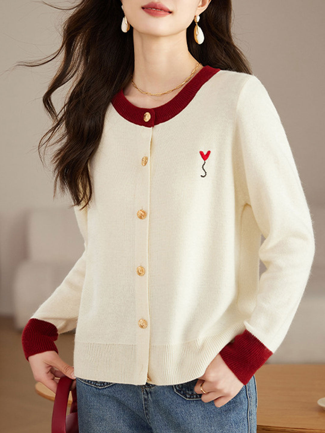 Ruby Loose Crew Neck Contrast Embroidered Knitted Cardigan