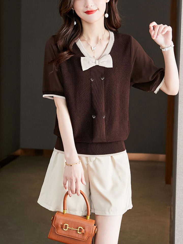 Brianna Loose V-neck Bow Knitted Top-Coffee