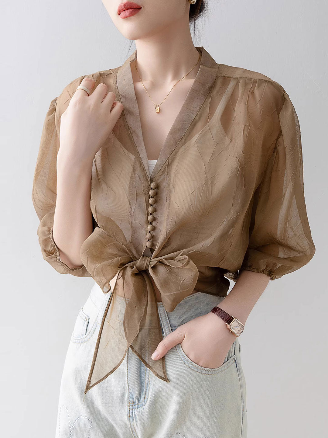 Alyssa Retro V-Neck Lantern Sleeve Chiffon Shirt