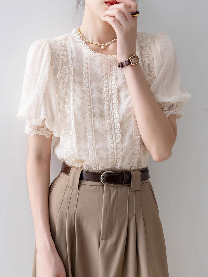 Lillian Retro Crew Neck Puff Sleeve Lace Chiffon Blouse