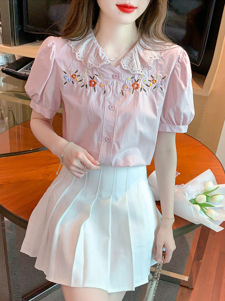 Melanie Retro Doll Collar Embroidered Lace Top