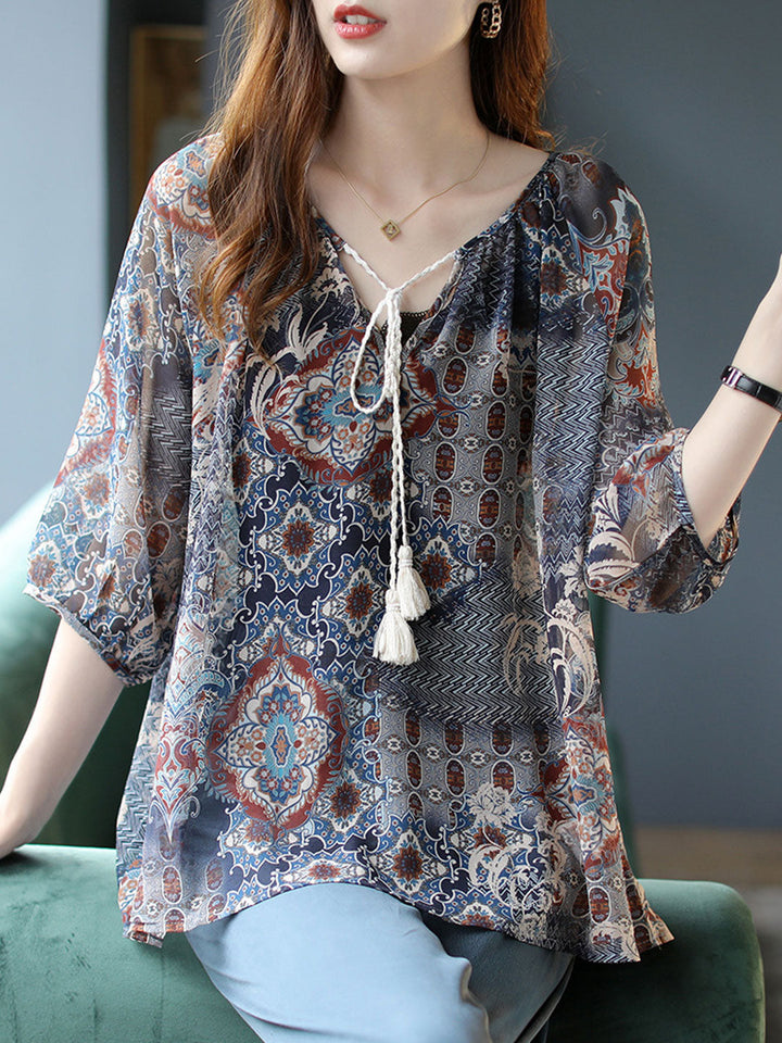 Kayla Loose Lantern Sleeve Auricular Floral Chiffon Top