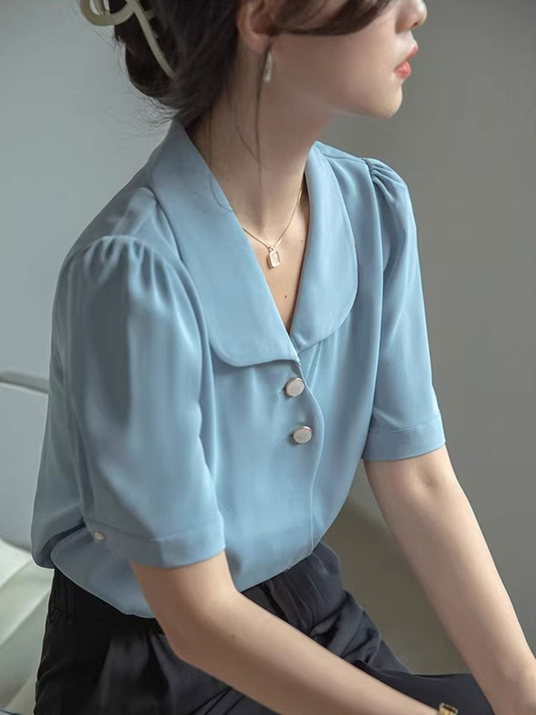 Destiny Loose V-Neck Solid Chiffon Shirt