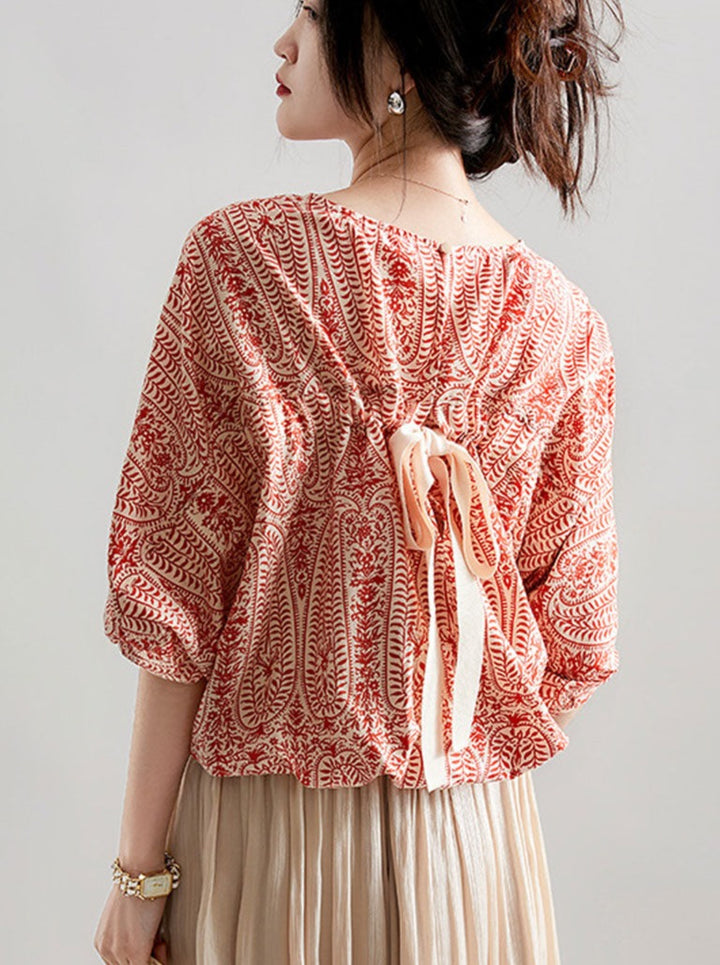 Maya Casual Back Bow Printed Blouse-Orange