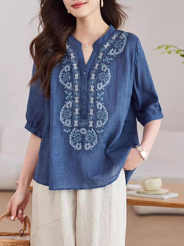 Zoe Loose V-Neck Embroidered Top