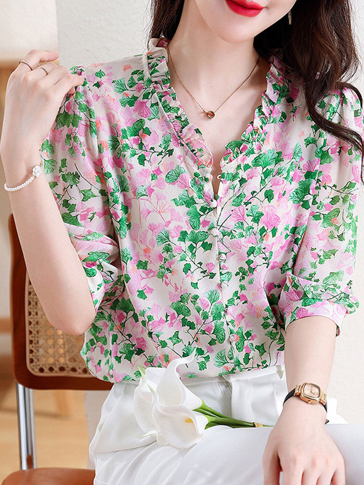 Mia Vacation V-Neck Ruffled Floral Chiffon Top