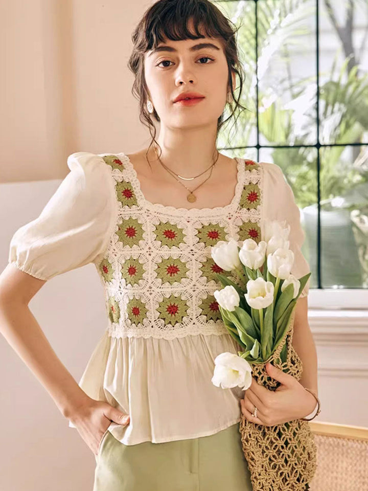 Olivia Retro Square Collar Crocheted Hollowed Chiffon Top