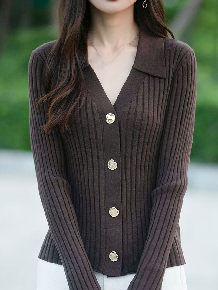 Mia Lapel Solid Color Ribbed Knitted Cardigan