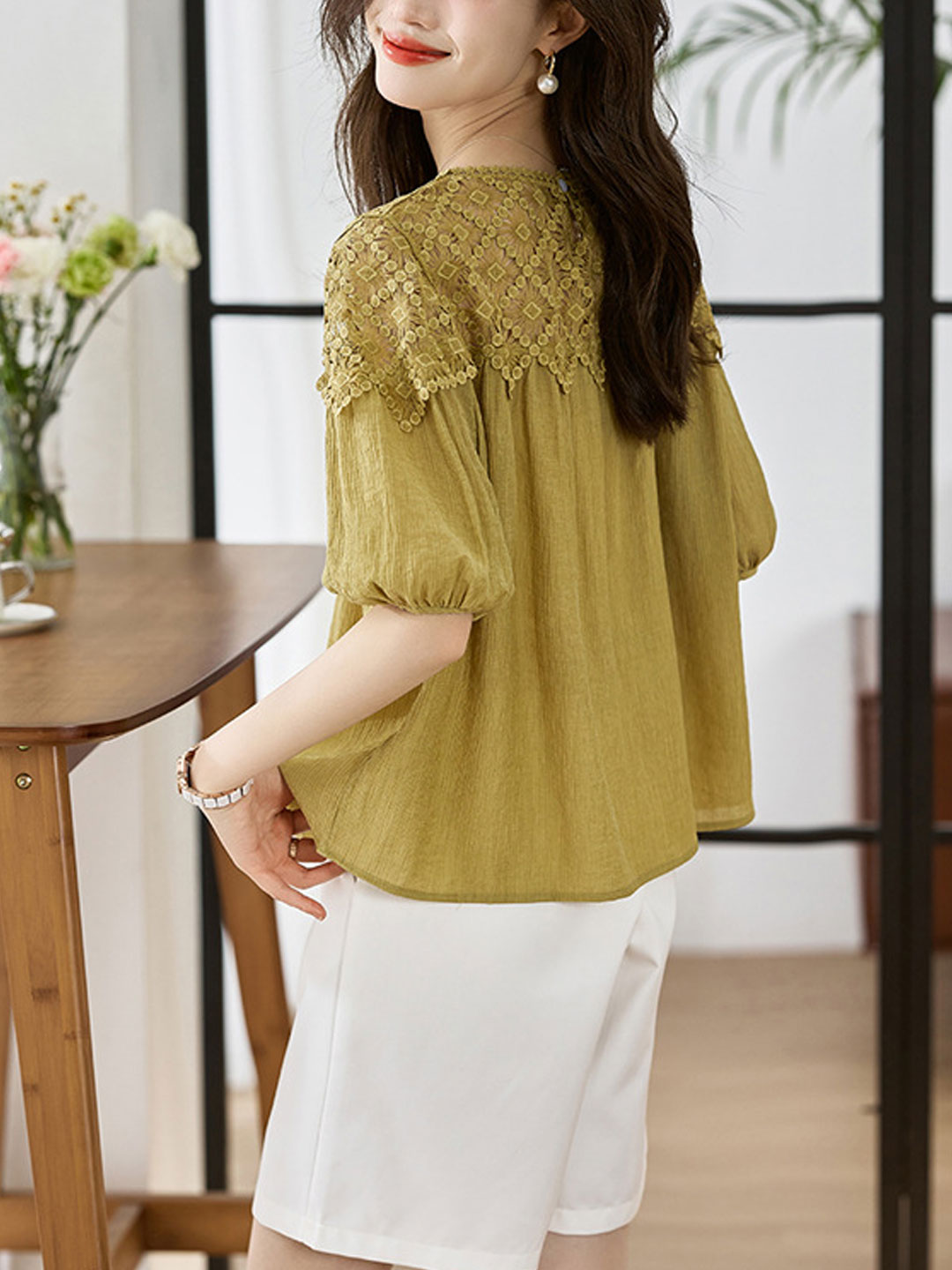 Sophie Loose Chiffon Lace Blouse-Khaki