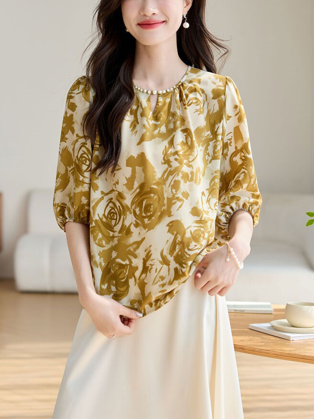 Kayla Loose Crew Neck Printed Chiffon Top