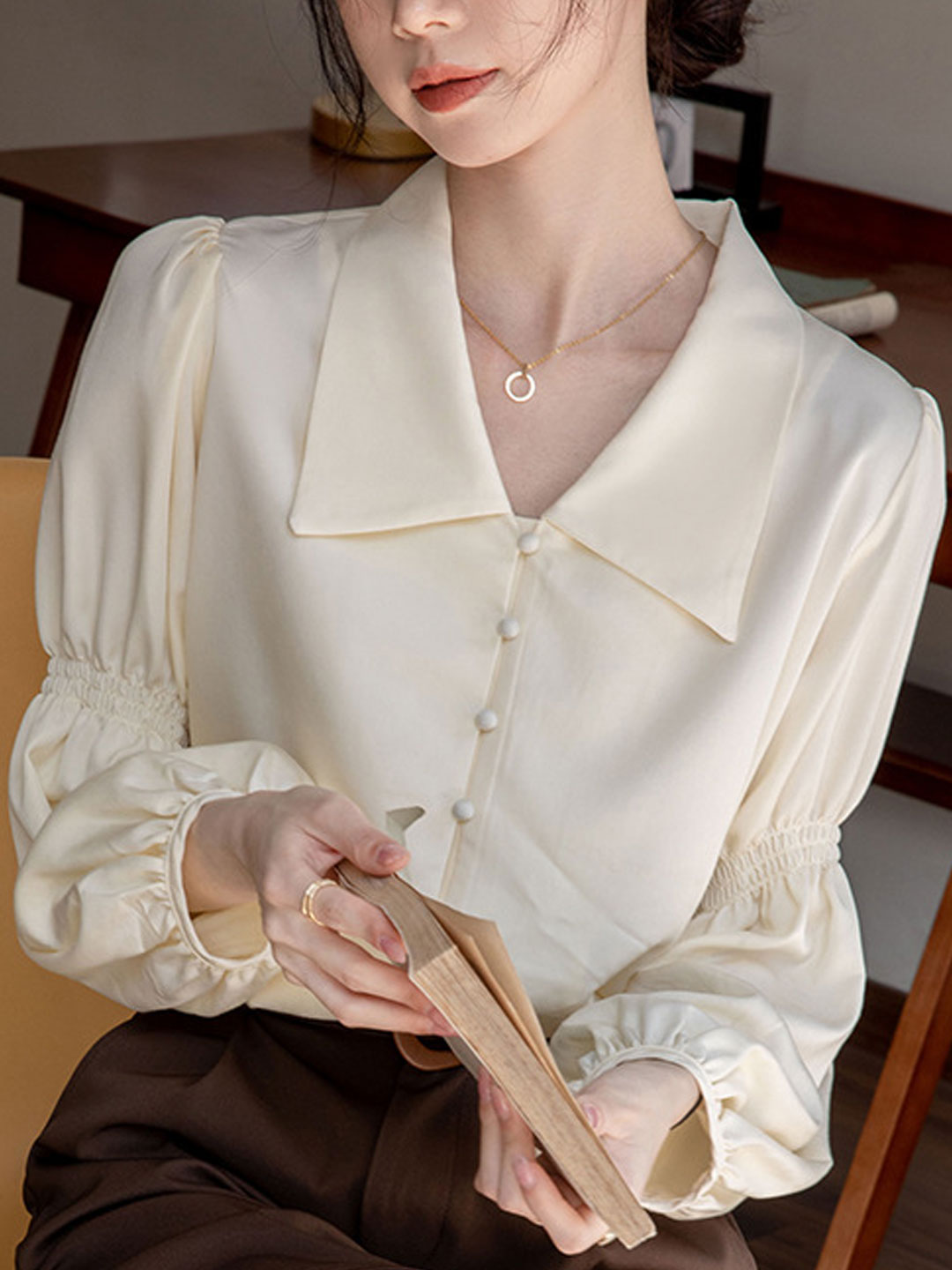 Rachel Classic Balloon Sleeve Lapel Shirt-Apricot