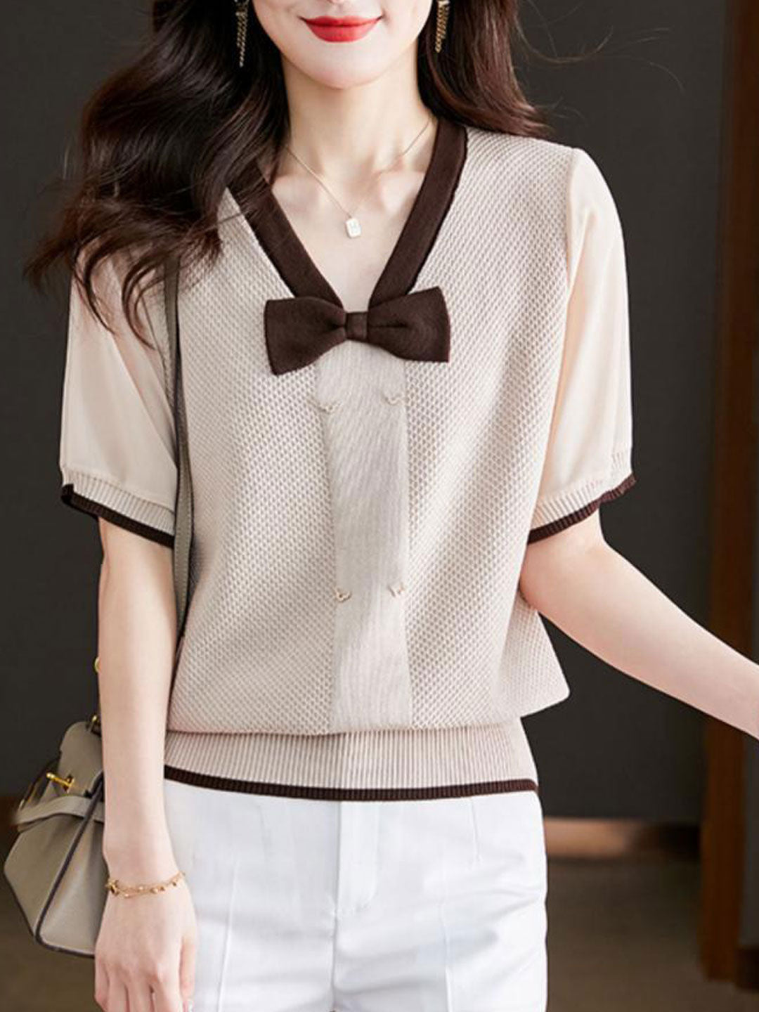 Brianna Loose V-neck Bow Knitted Top-Coffee