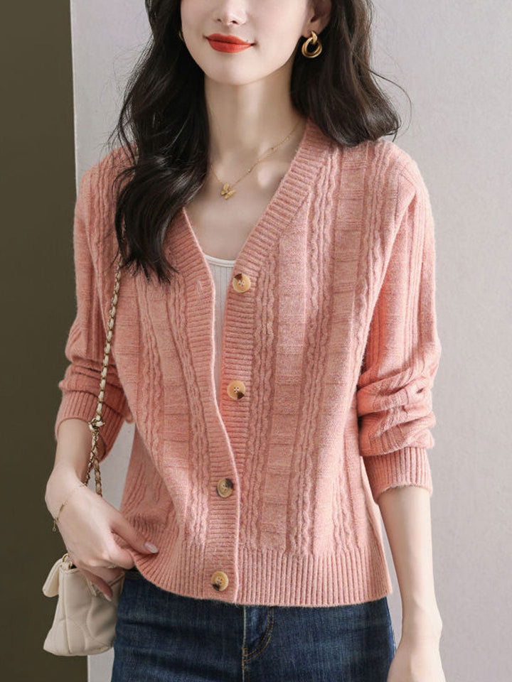 Ava Casual V-Neck Ribbed Solid Color Knitted Cardigan