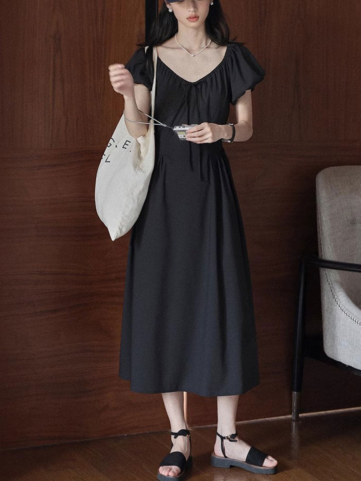 Kylie Vintage V-Neck Puff Sleeve Dress