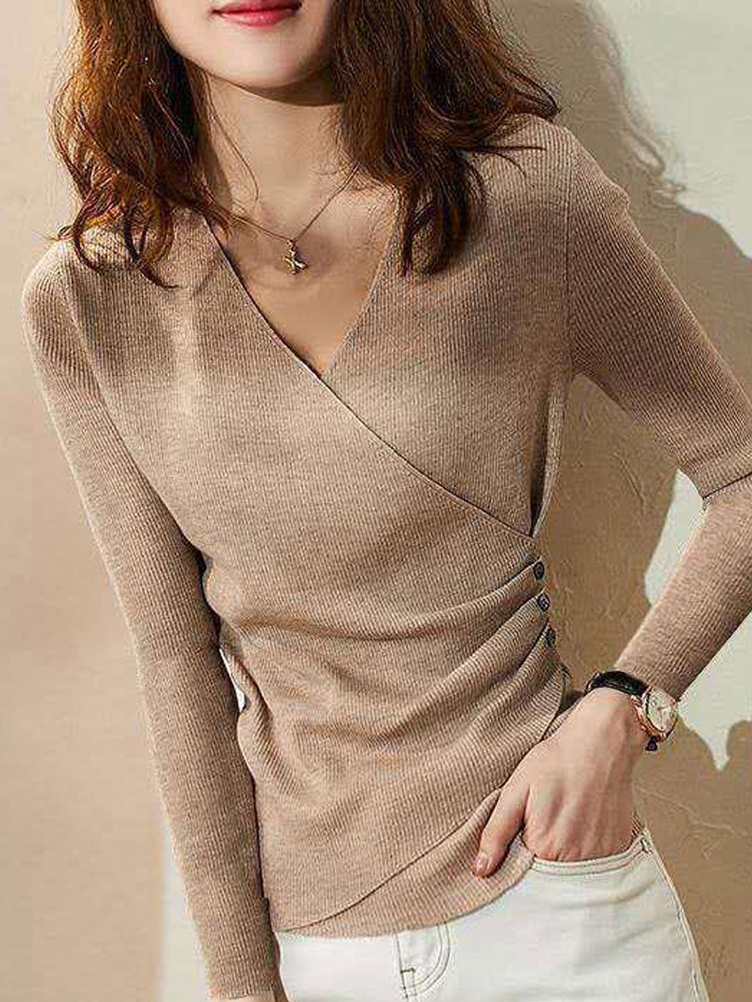 Jocelyn Casual V-Neck Solid Color Knitted Top-Gray