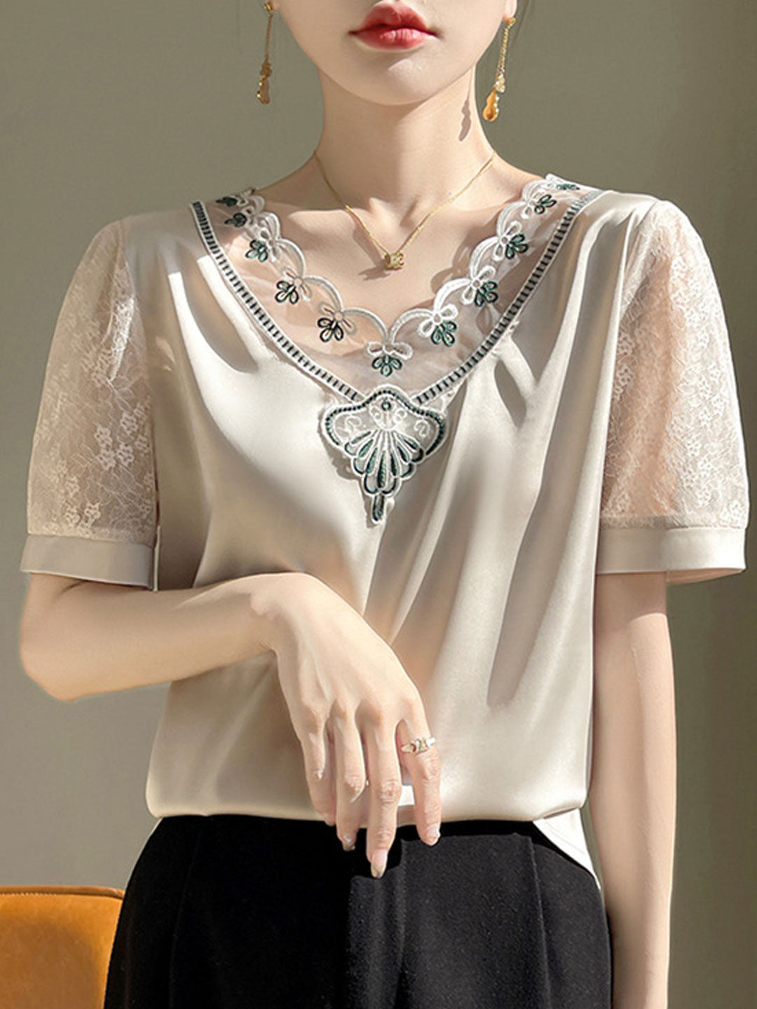 Ava Classic V-Neck Hollowed Lace Satin Top