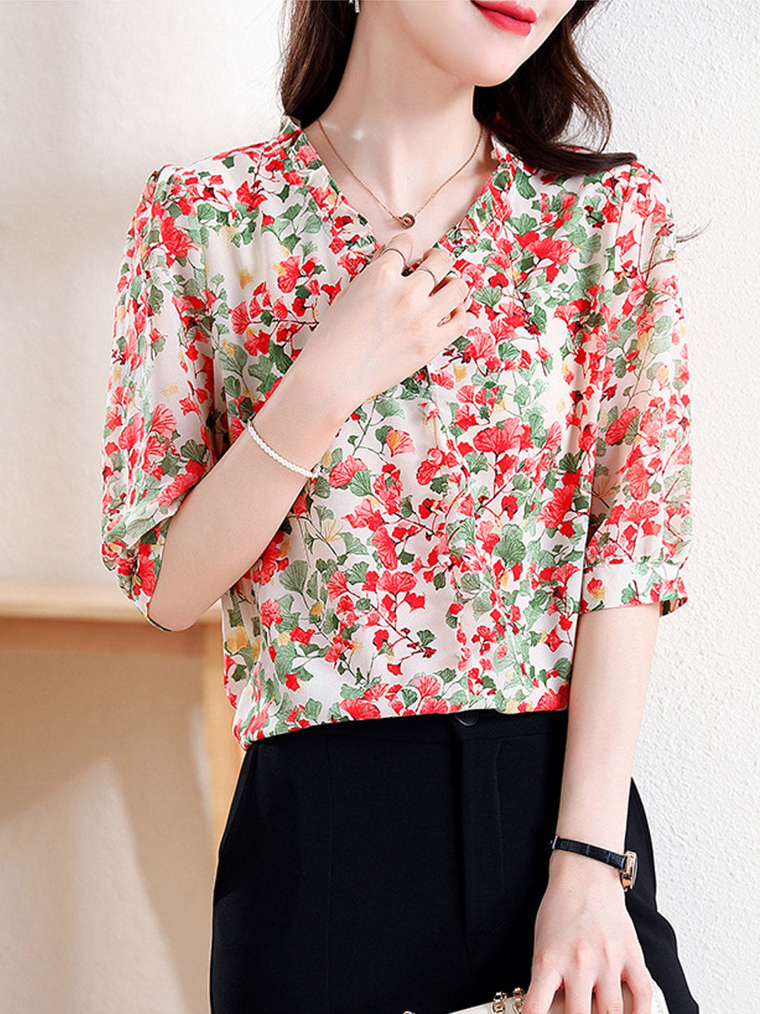 Mia Vacation V-Neck Ruffled Floral Chiffon Top