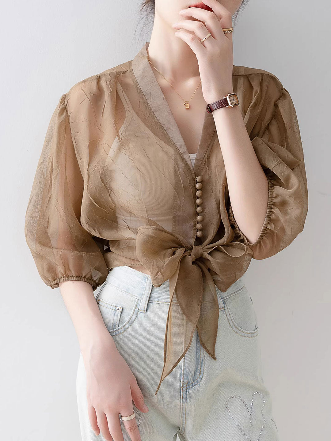 Alyssa Retro V-Neck Lantern Sleeve Chiffon Shirt