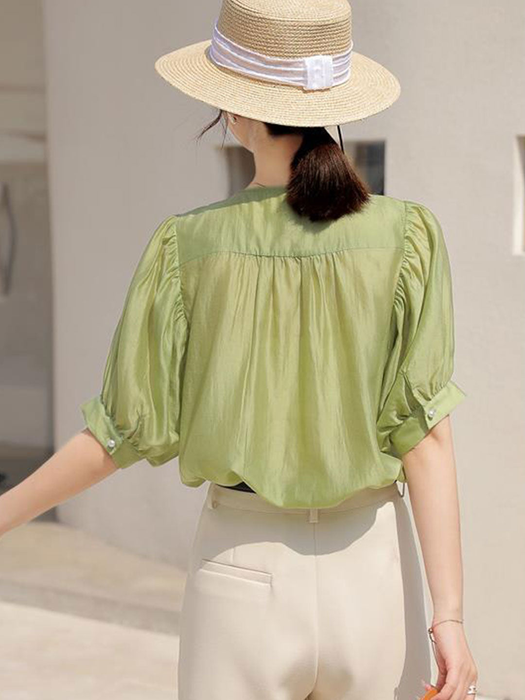 Grace Classic Hollowed Pleated Embroidered Top-Green