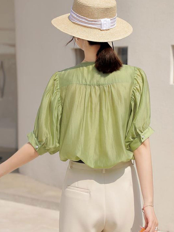 Grace Classic Hollowed Pleated Embroidered Top-Green