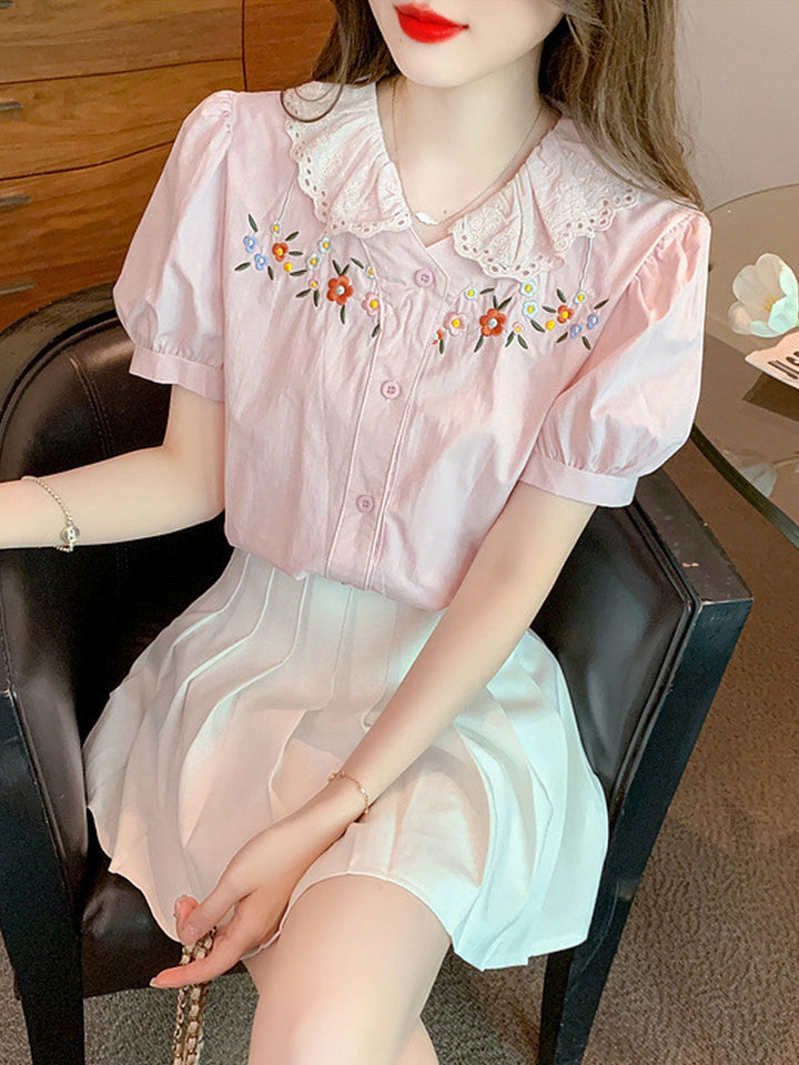 Melanie Retro Doll Collar Embroidered Lace Top