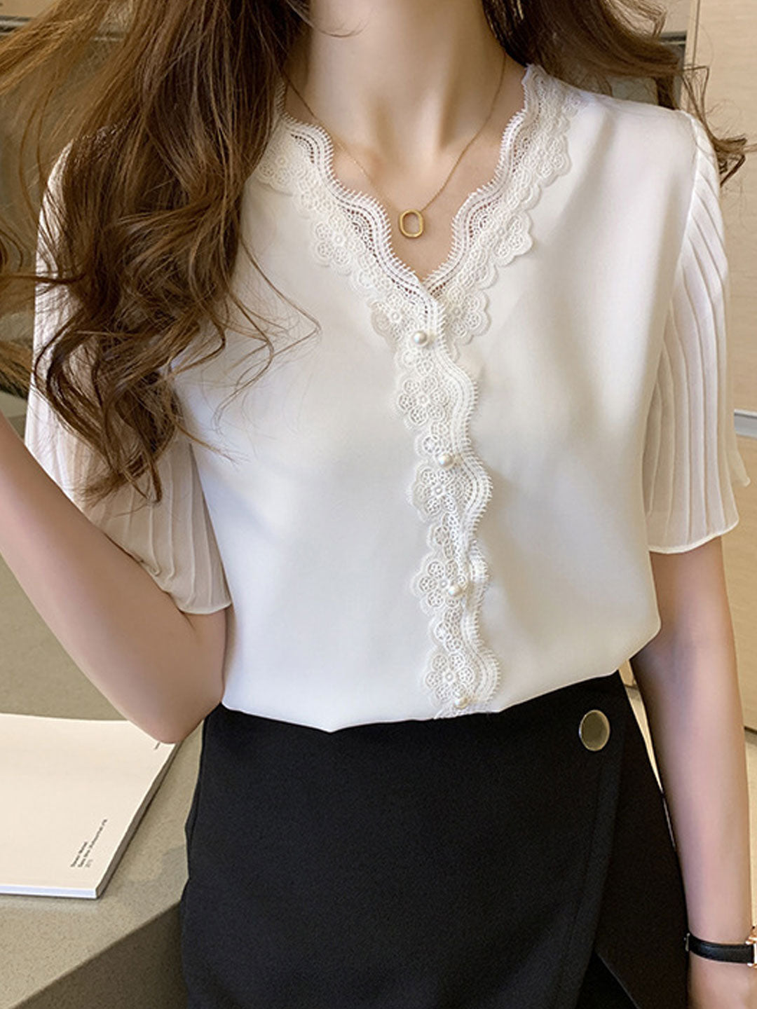 Elizabeth Classic V-Neck Lace Chiffon Top