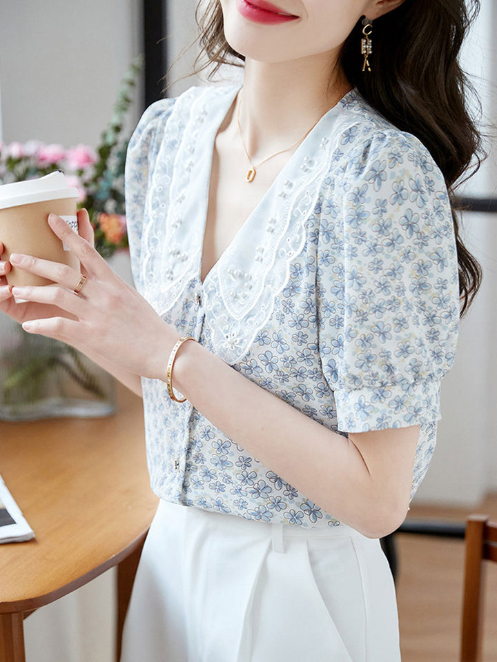 Bella Classic Floral Printed Beaded Chiffon Top-Pink