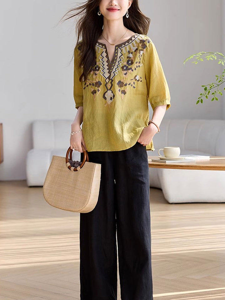 Julia Classic V-Neck Embroidered Top