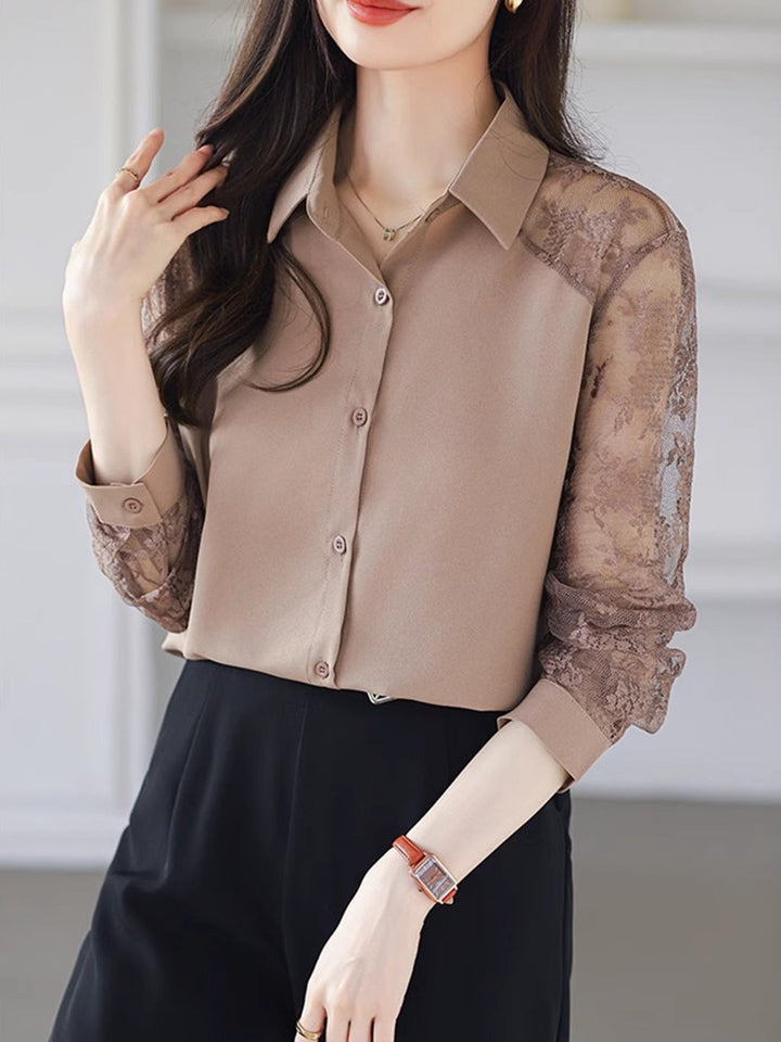 Sophie Loose Lapel Panel Lace Chiffon Shirt