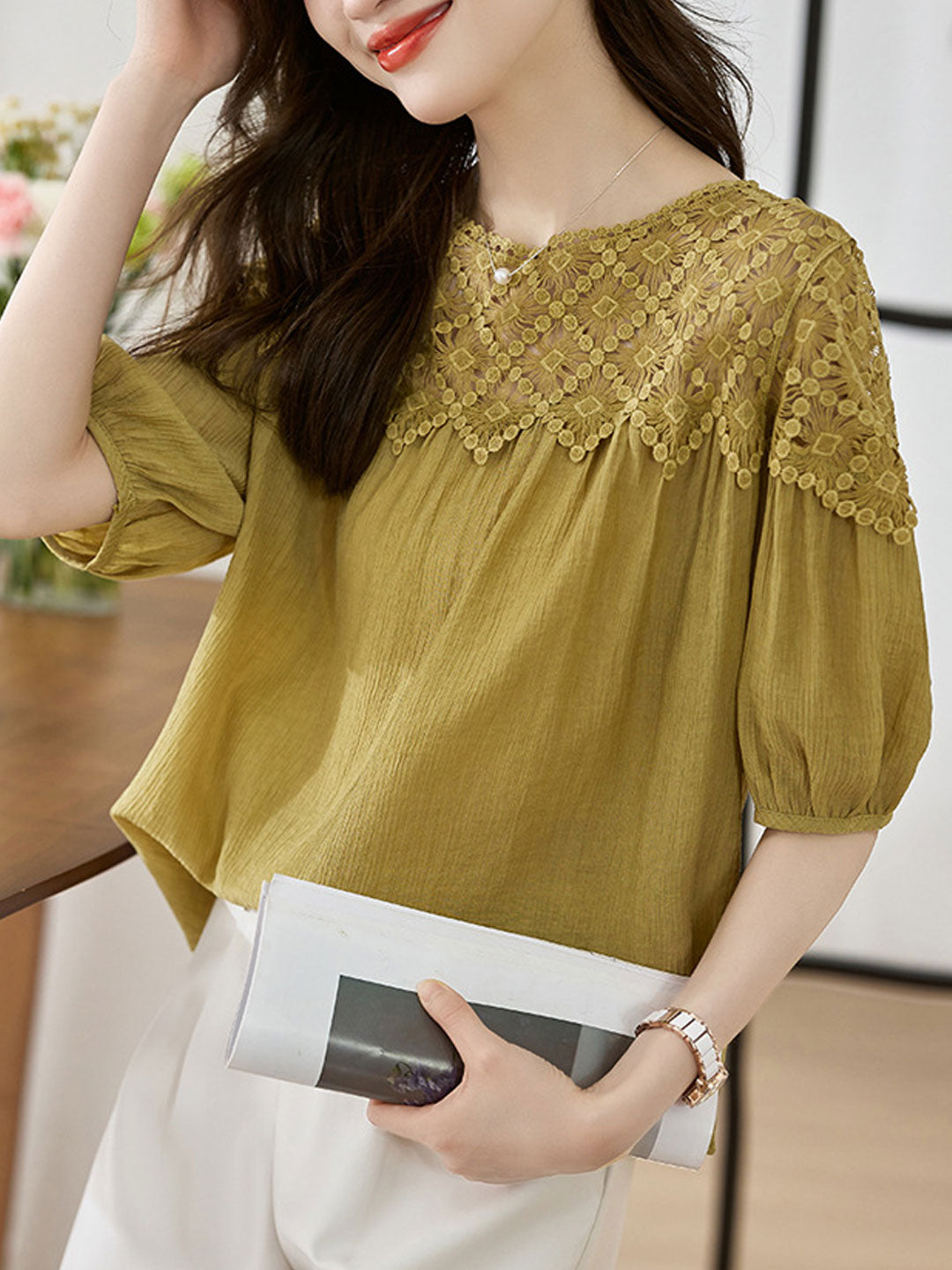 Sophie Loose Chiffon Lace Blouse-Yellow