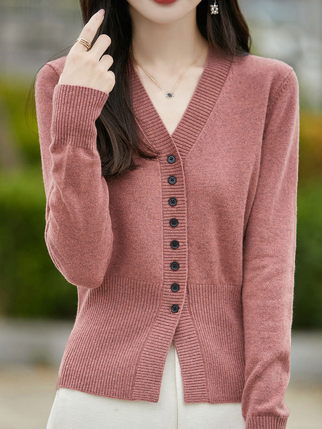 Natalie Casual V-Neck Solid Color Knitted Cardigan