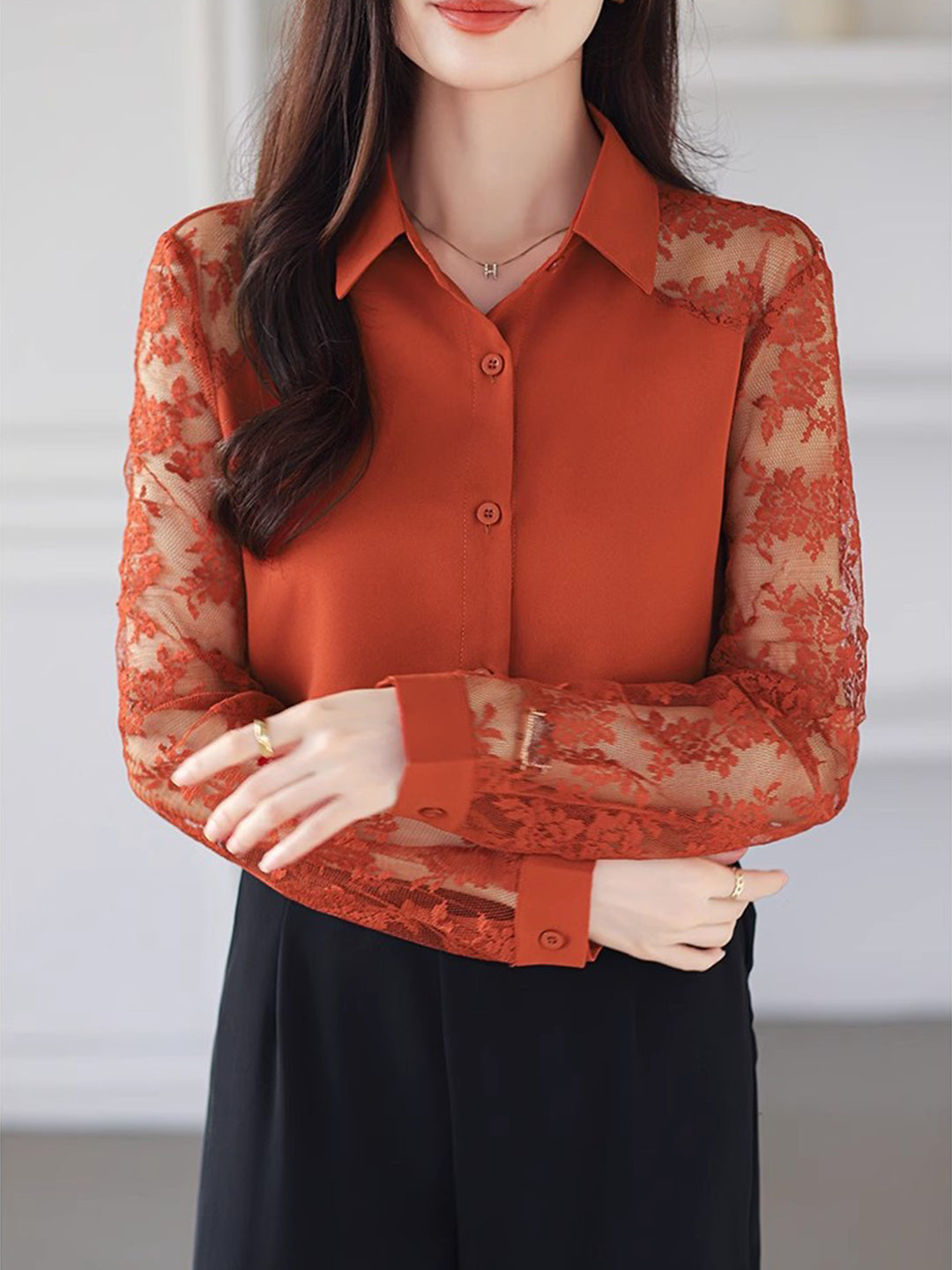 Sophie Loose Lapel Panel Lace Chiffon Shirt