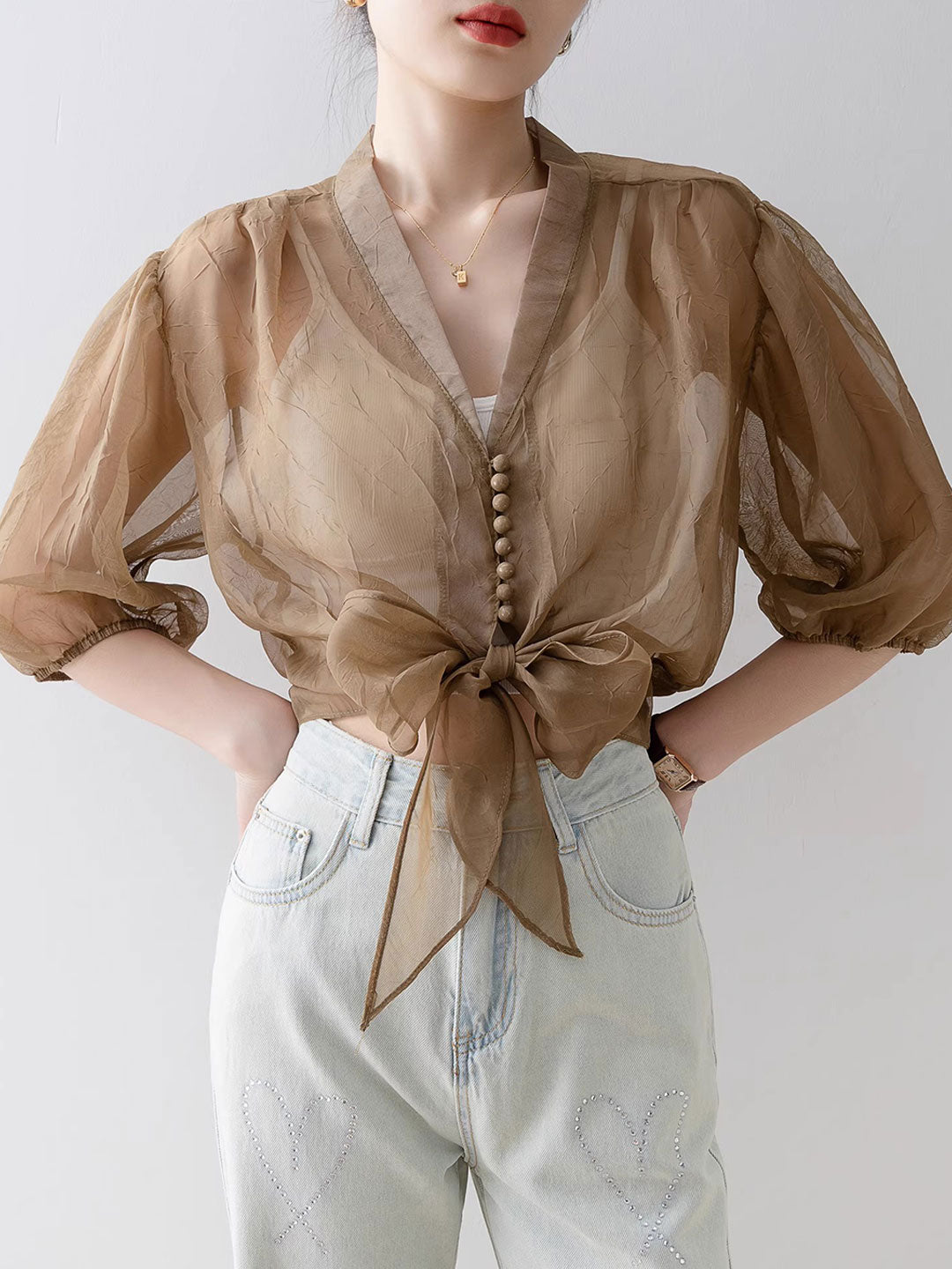 Alyssa Retro V-Neck Lantern Sleeve Chiffon Shirt