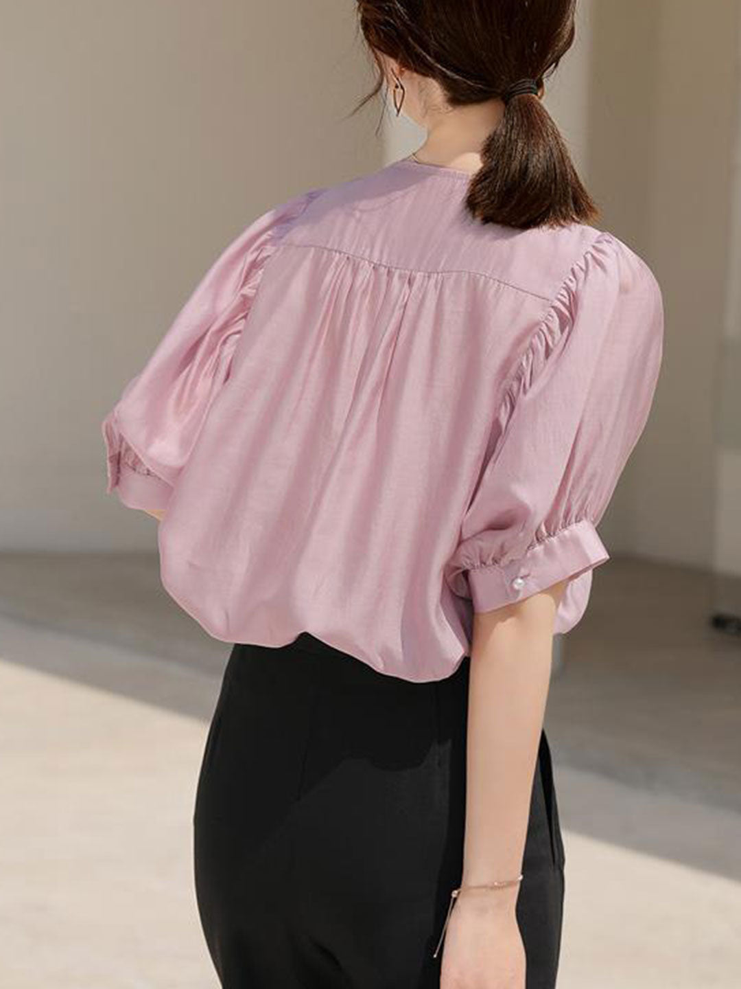 Grace Classic Hollowed Pleated Embroidered Top-Pink