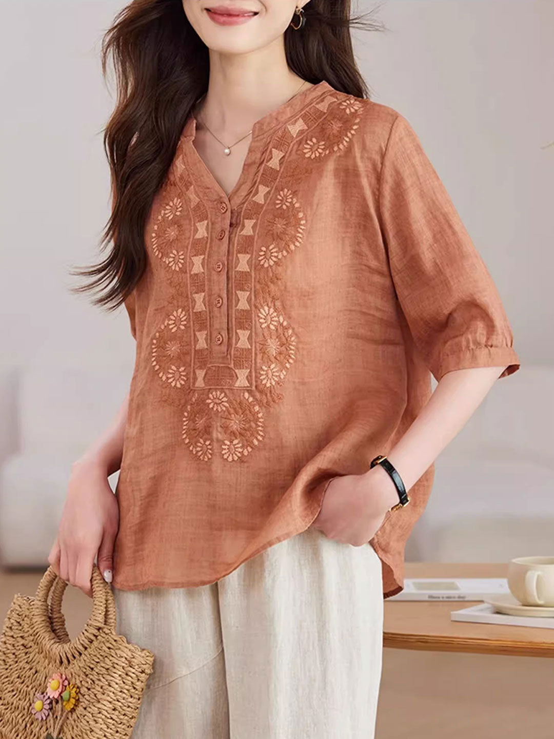 Zoe Loose V-Neck Embroidered Top