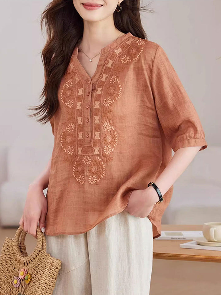 Zoe Loose V-Neck Embroidered Top