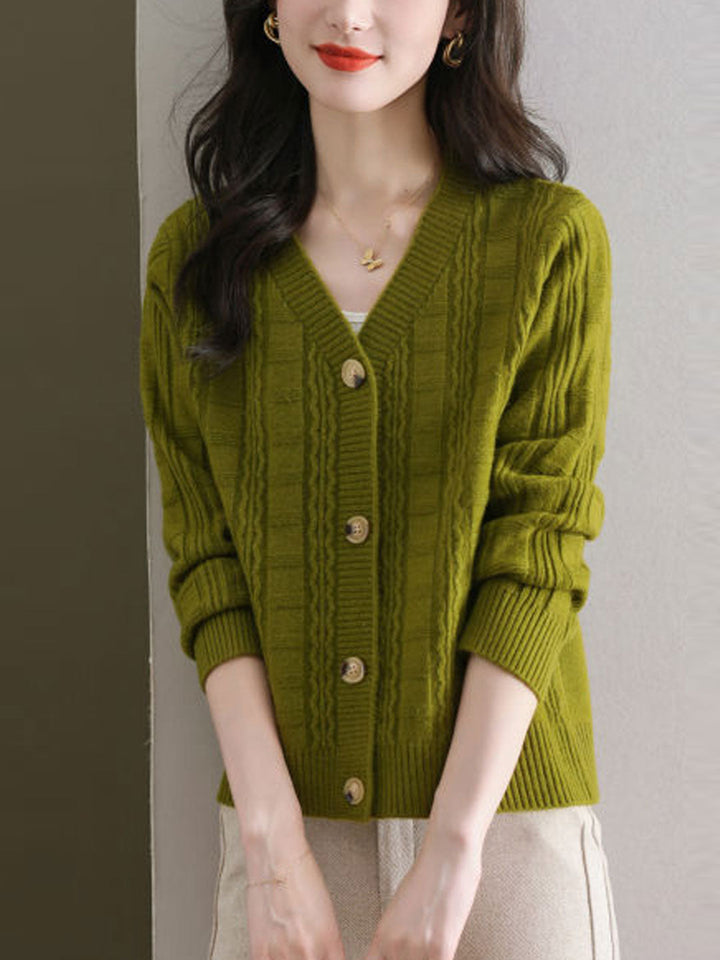 Ava Casual V-Neck Ribbed Solid Color Knitted Cardigan