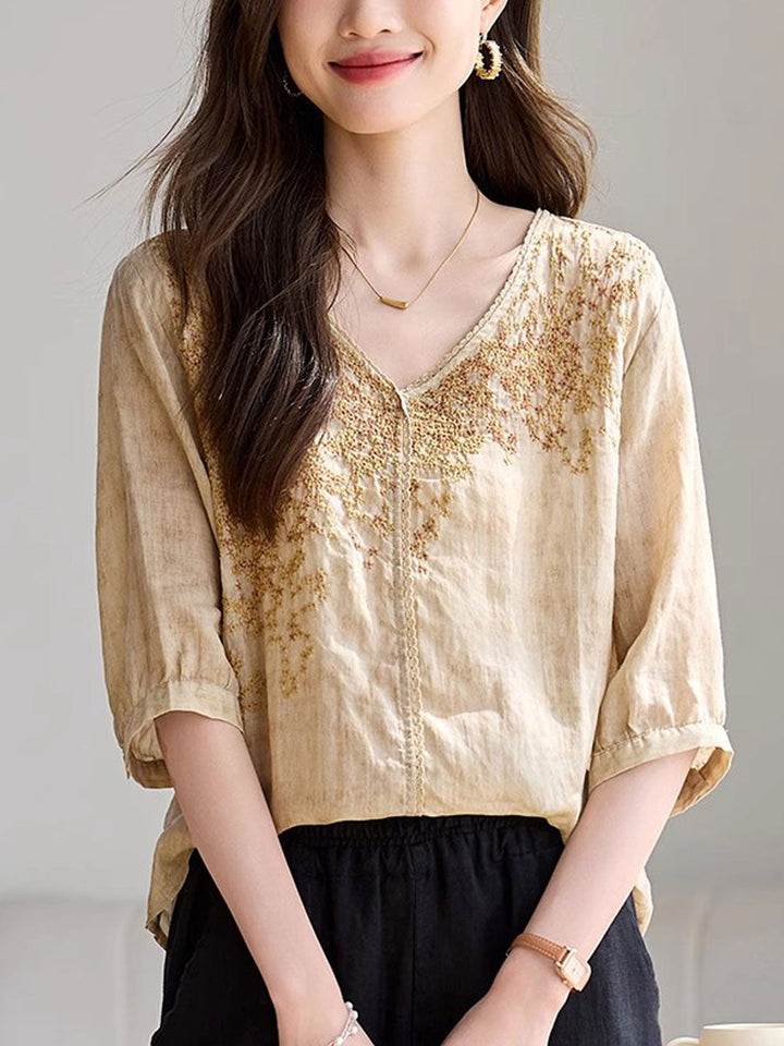 Arianna Vintage V-Neck Embroidered Top