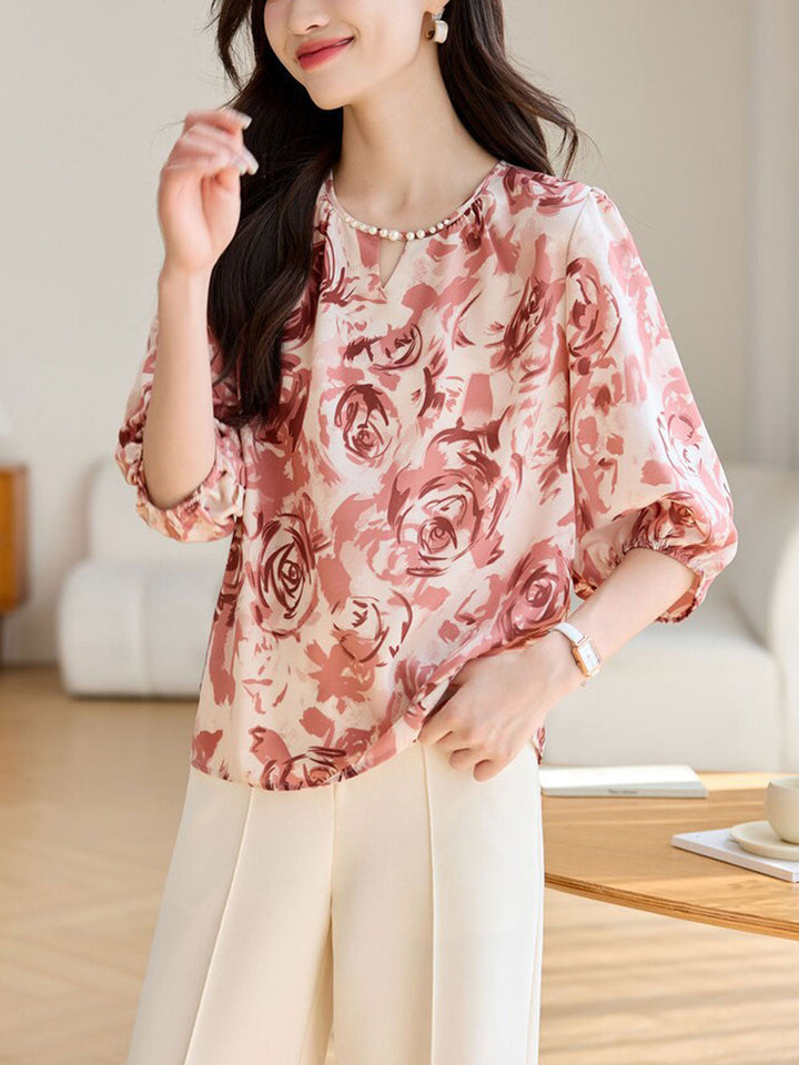 Kayla Loose Crew Neck Printed Chiffon Top