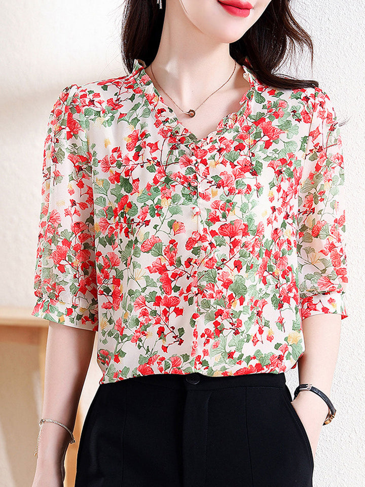 Mia Vacation V-Neck Ruffled Floral Chiffon Top