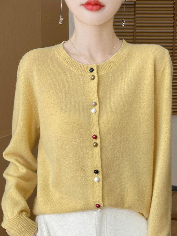 Mya Loose Crew Neck Solid Color Knitted Cardigan-Yellow