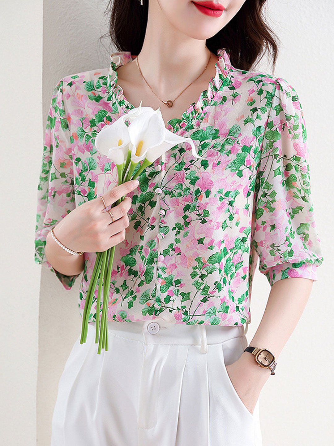 Mia Vacation V-Neck Ruffled Floral Chiffon Top