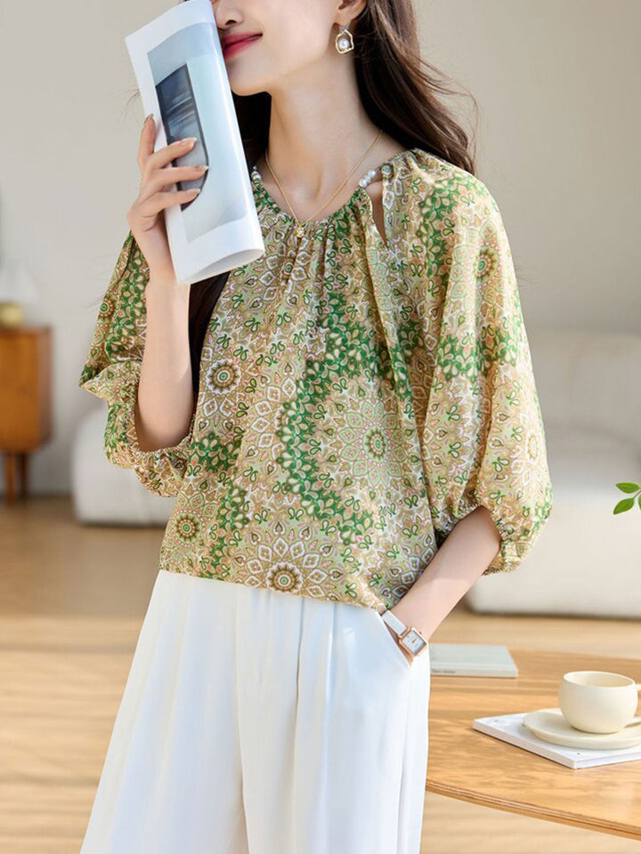 Amy Loose Crew Neck Printed Chiffon Top